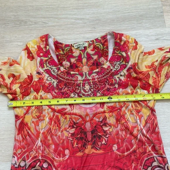 Vibrant One World Red and Yellow Abstract Floral Rhinestone Embellished Tunic - Picture 4 of 11
